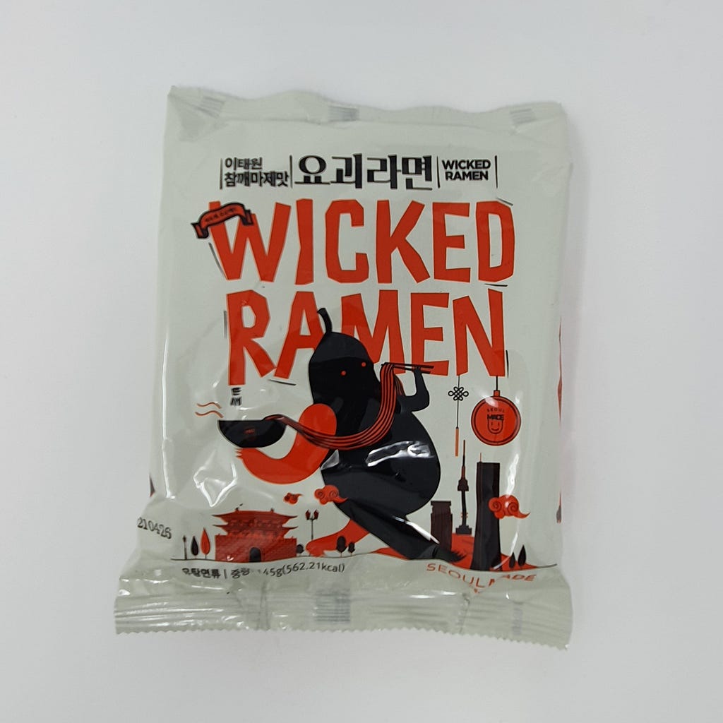 An unopened package of Wicked Ramen (Yogoe Ramyeon) Itaeweon Chamggae Majemat.