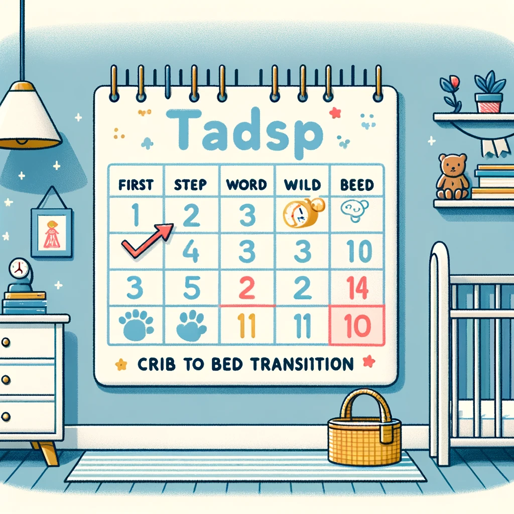 Illustrated milestone calendar highlighting the major transition from crib to bed