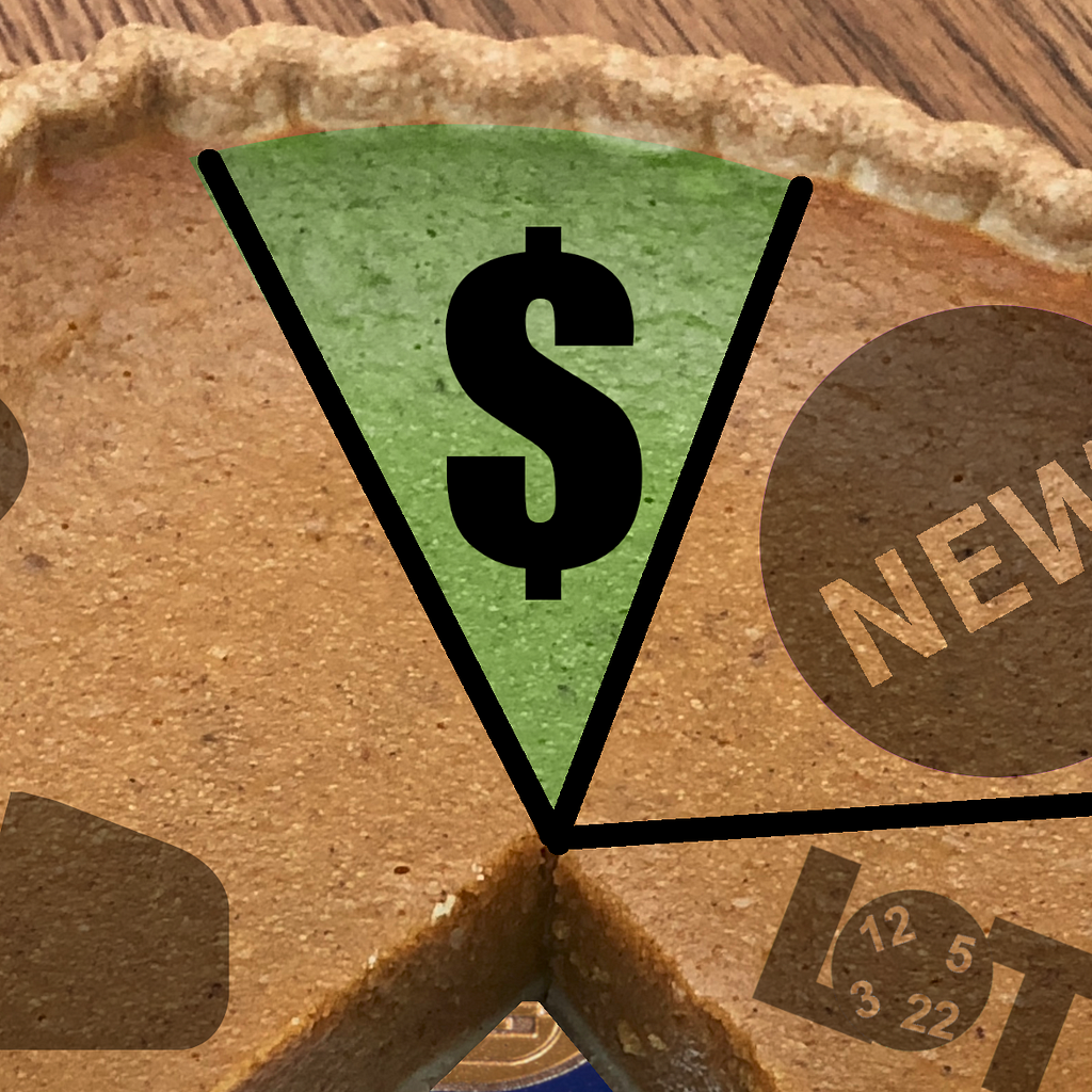 A pumpkin pie with a slice missing. The pie has been overlaid with a pie-chart, in which the pieces are labelled with an icon of a confused businessman, a dollar sign, a circle with the word “NEW!” in the middle, and a “lotto” logo. The tin beneath the missing slice reveals a section of a glittering Bitcoin.