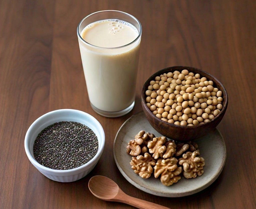 Omega 3 Fatty acids: Chia Seeds, Walnuts, Soybeans, Soymilk