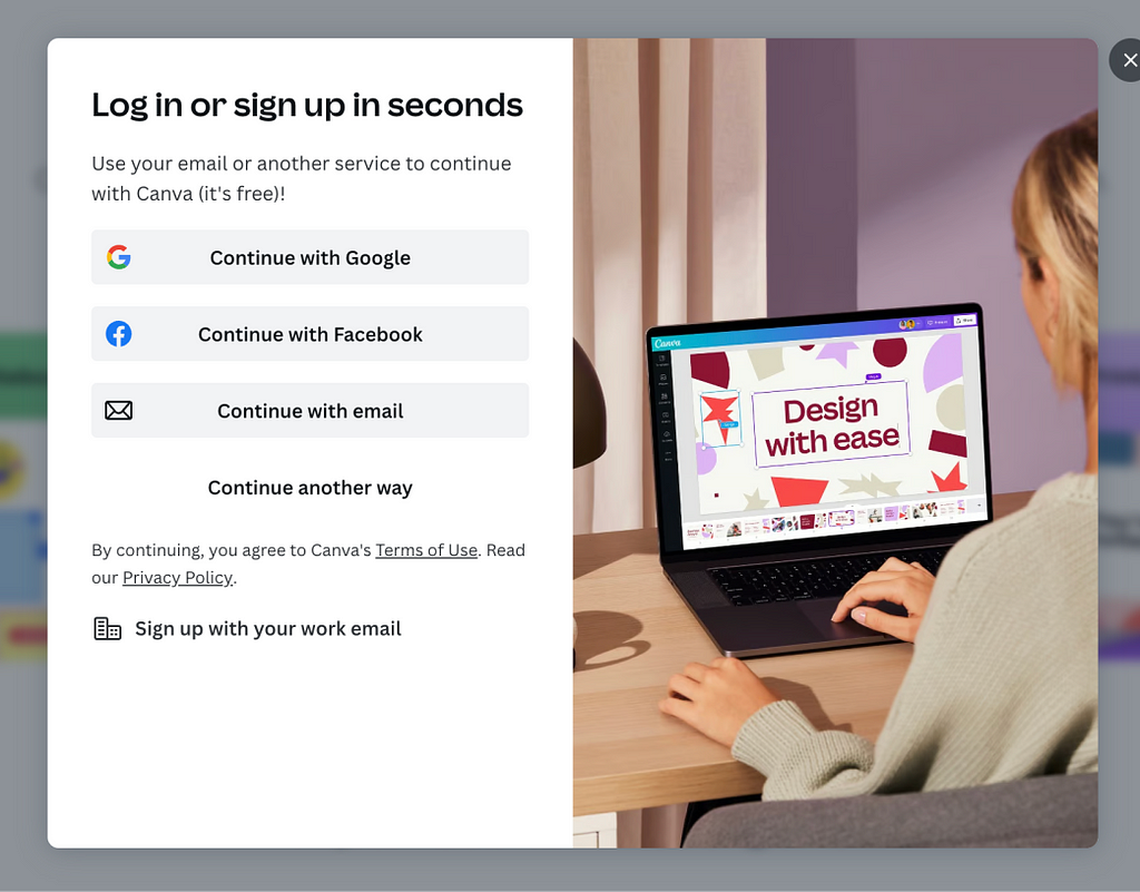 Screenshot of Canva’s onboarding screen where users register, showing an image of a woman designing on canva on the right