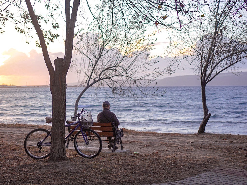 達達尼爾海峽邊，一個男子在樹下看書，樹下停一台腳踏車。