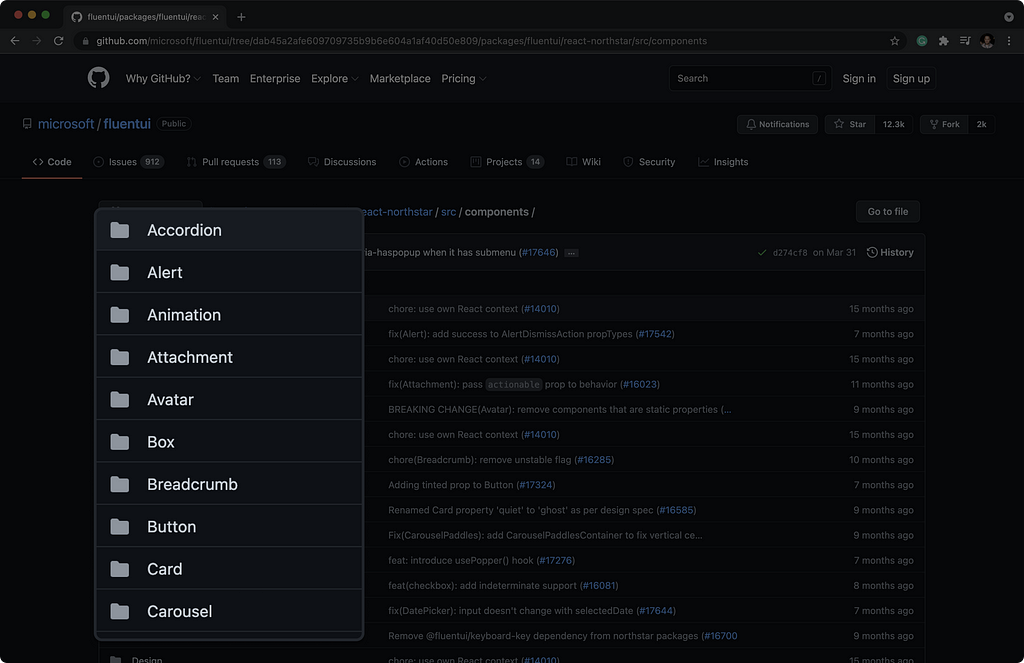 Github UI showing Fluent UI’s repository of components.
