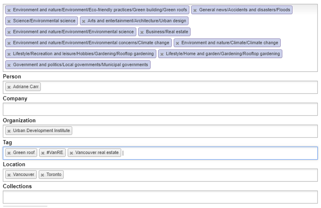 An example screengrab of the tagging tool used. A group of purple tags including “Environment and politics/Local governments/Municipal governments” and “General news/Accidents and disasters/Floods” are featured with a prominent X next to them. Below these tags are fields for entering metadata including “Person”, “Company”, “Organization”, “Tag”, “Location” and “Collections”.