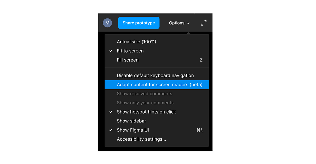 A screenshot of the prototype options menu in Figma with the option “Adapt content for screen readers (beta)”