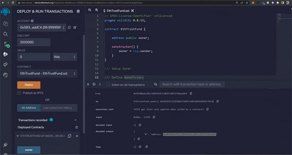 Screenshot of writing the Trust Fund smart contract in Remix IDE