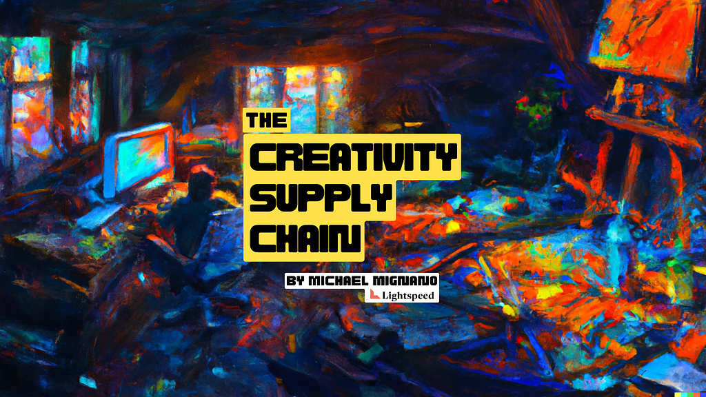 Title image for the essay, The Creativity Supply Chain, by Michael Mignano. Text overlaying a painting of an artist abandoning their art supplies for a computer.