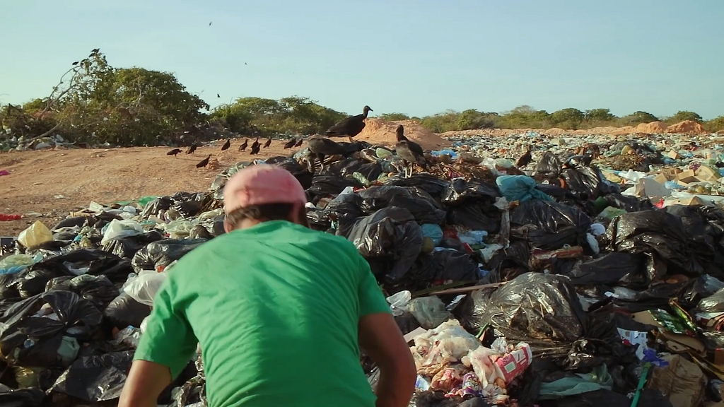 Imagem de uma pessoa em meio a um lixão. Urubus estão em meio ao lixo.