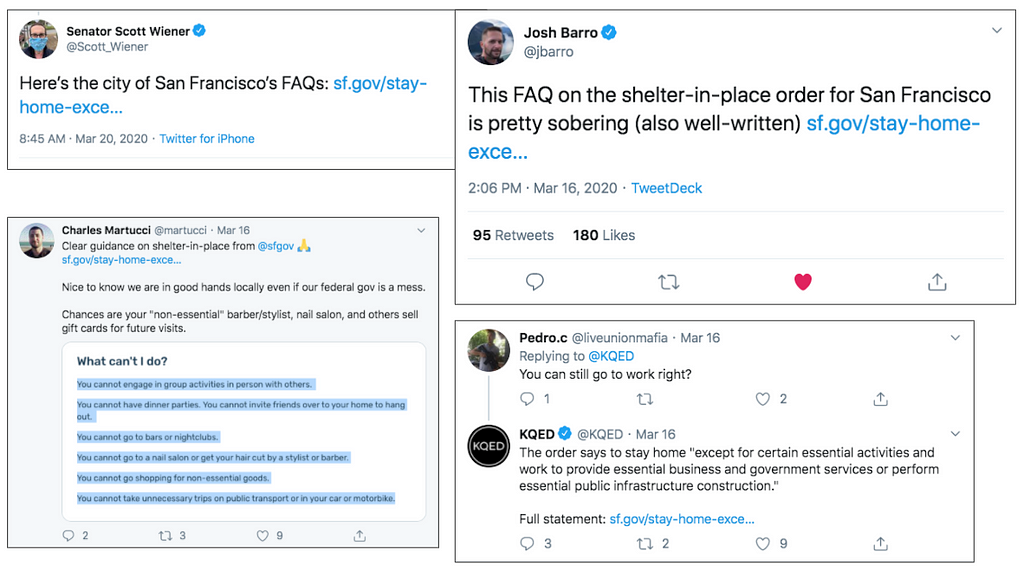 4 tweets about SF.gov’s clear guidance from March 2020