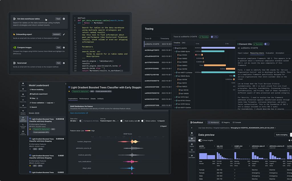 Sample user interface screens from the DataRobot application
