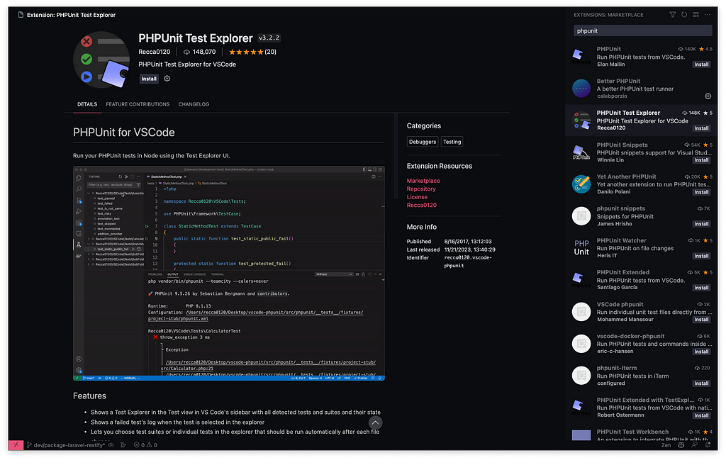 Extension PHPUnit Test Explorer di VS Code