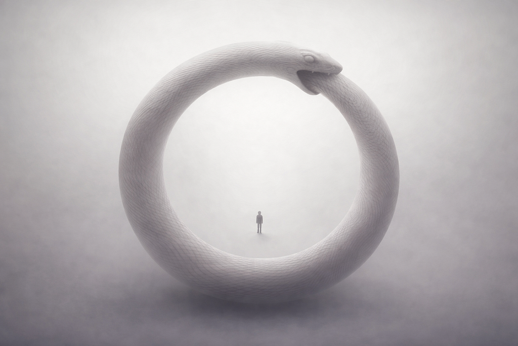 A diminutive human figure standing inside a circle formed by a white serpent devouring its own tail — the ouroboros symbol.