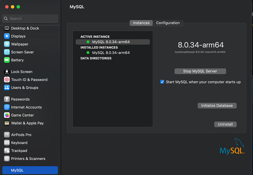 MySQL UI after installation