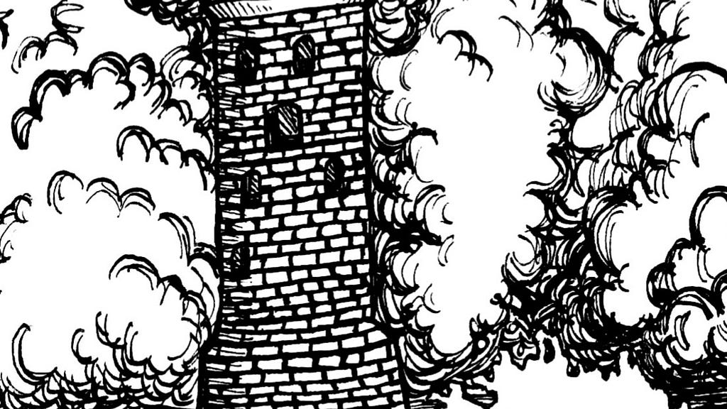 a pen and ink illustration of a stone tower with several windows and many clouds behind it