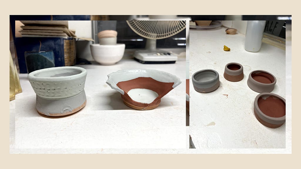 Two images that show glazed ceramic pieces before they are fired