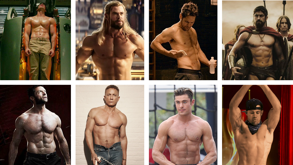 A series of images that show a number of well-developed and muscular male lead actors from movies in the 2000–2020s. Chris Evans, Hugh Jackman, Gerard Butler, Daniel Craig, Zac Effron, Channing Tatum, Paul Rudd and Chris Hemsworth.