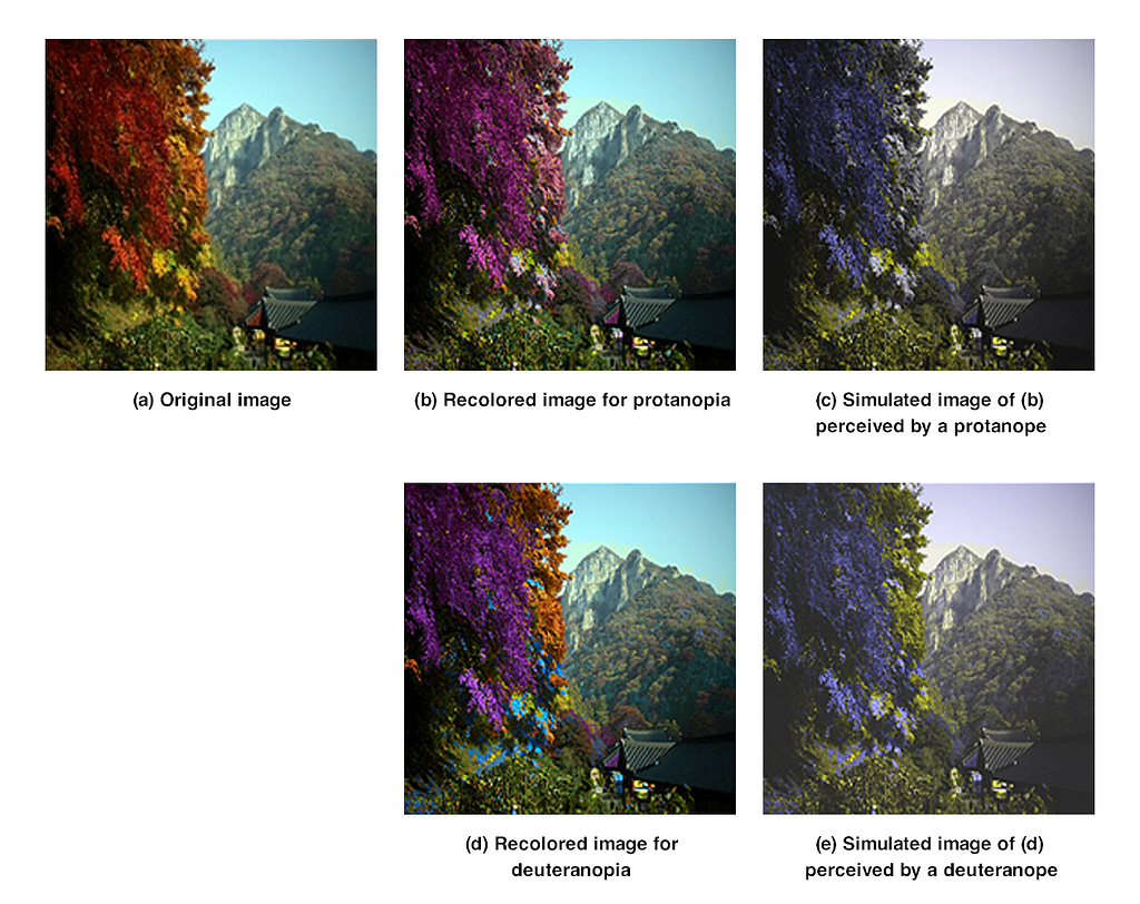 Han & Yoo’s confusion-line separation algorithm simulation results for protanopia and deuteranopia, showing an Original image, 2 recolored images, (one for protanopia, one for deuteranopia), and 2 simulated images of the perceived image