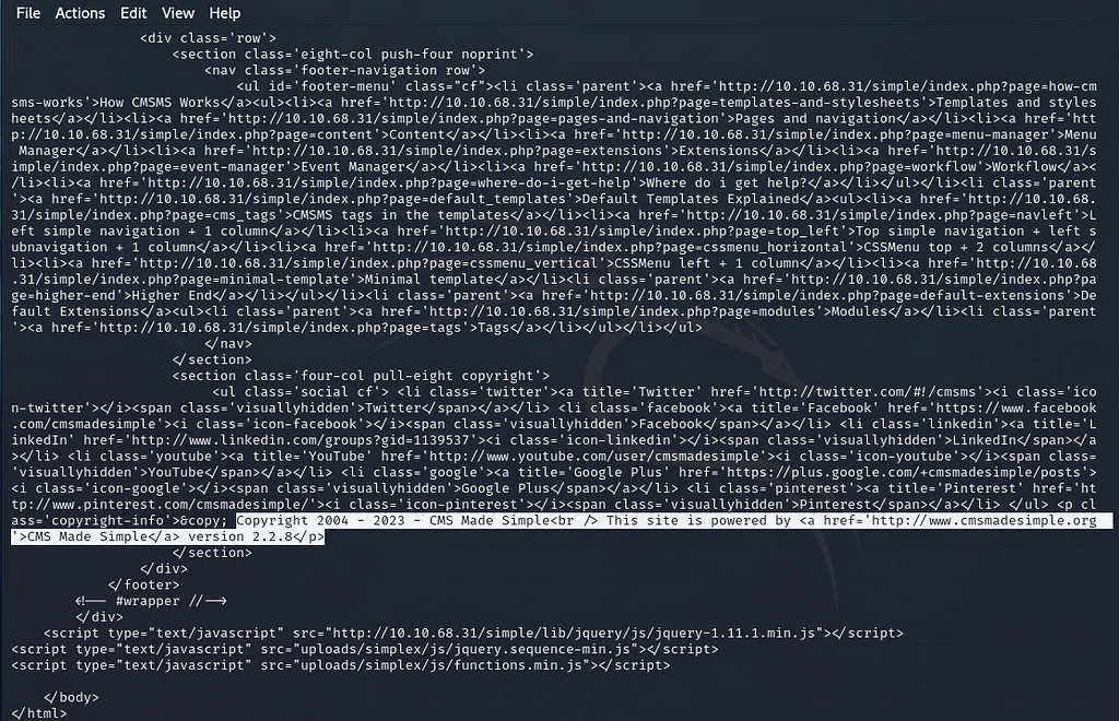 A screenshot displaying the results of the curl command on the target IP Address/simple page with ‘this site is powered by CMS Made Simple’ highlighted.