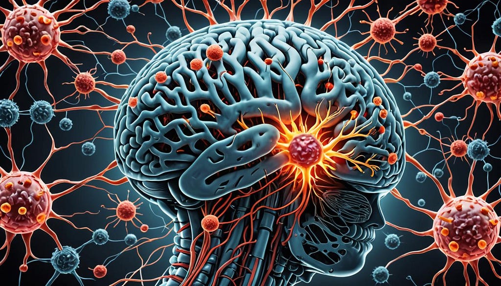 Brain infected with viruses, artist impression