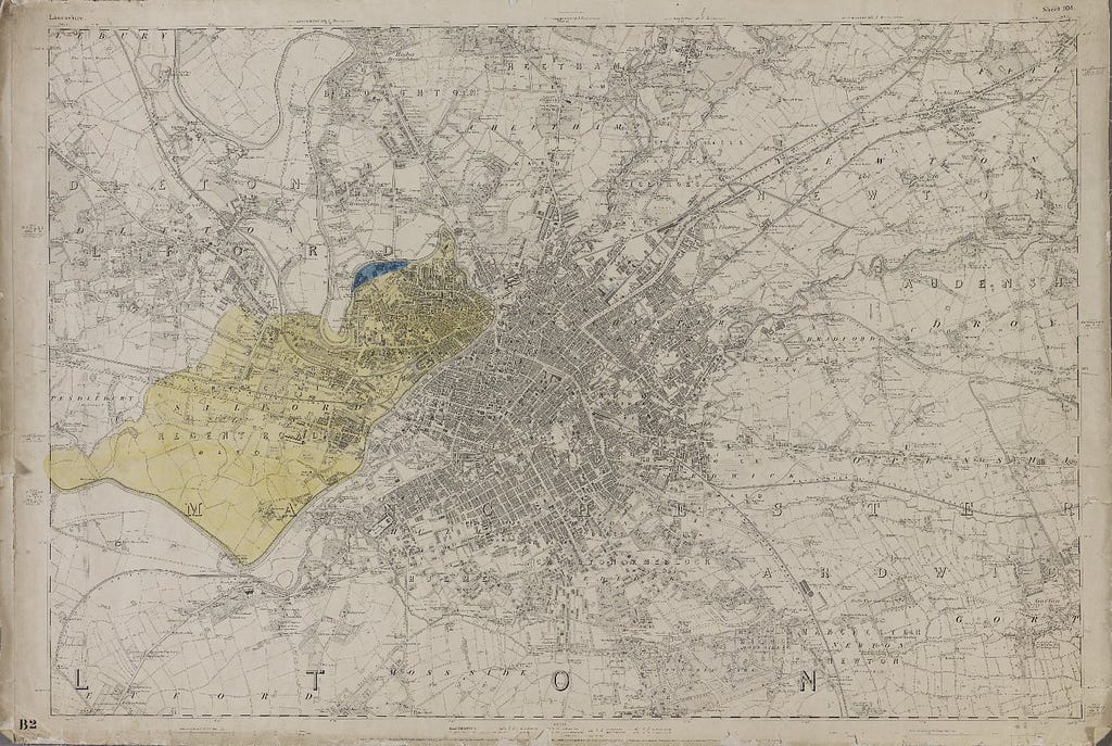 An Ordnance Survey map of Manchester from 1848 showing the topography of the expanding city and the site of the future Manchester Docks and Trafford Park.