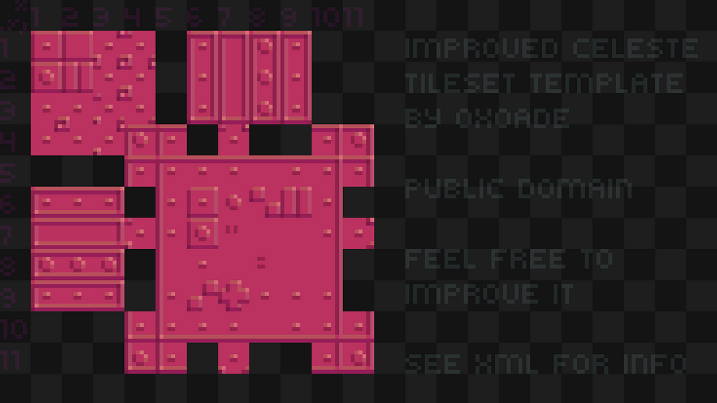 The original image file for the Dusk City tileset. It’s a dark, vibrant pink metallic plate tileset, with multiple variations of rivets. There are numbers on the top and left sides of the canvas. To the right, there is transparent text that reads: “Improved Celeste tileset template by 0x0ade. Public domain. Feel free to improve it. See XML for info.”