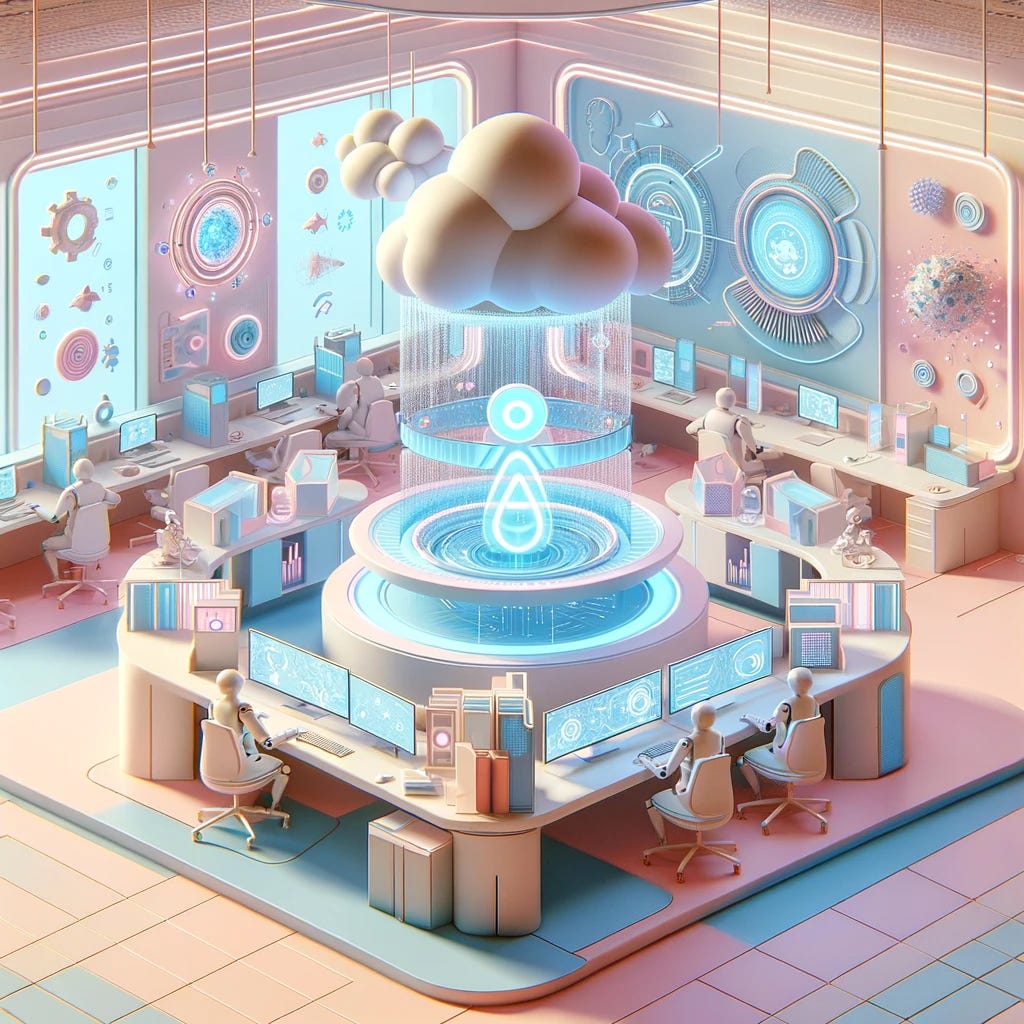 A futuristic UX office designed in a cotton candy theme, highlighting AI safety, with pastel blue and pink hues, centralized holographic AI interface, and focused staff at secure workstations.