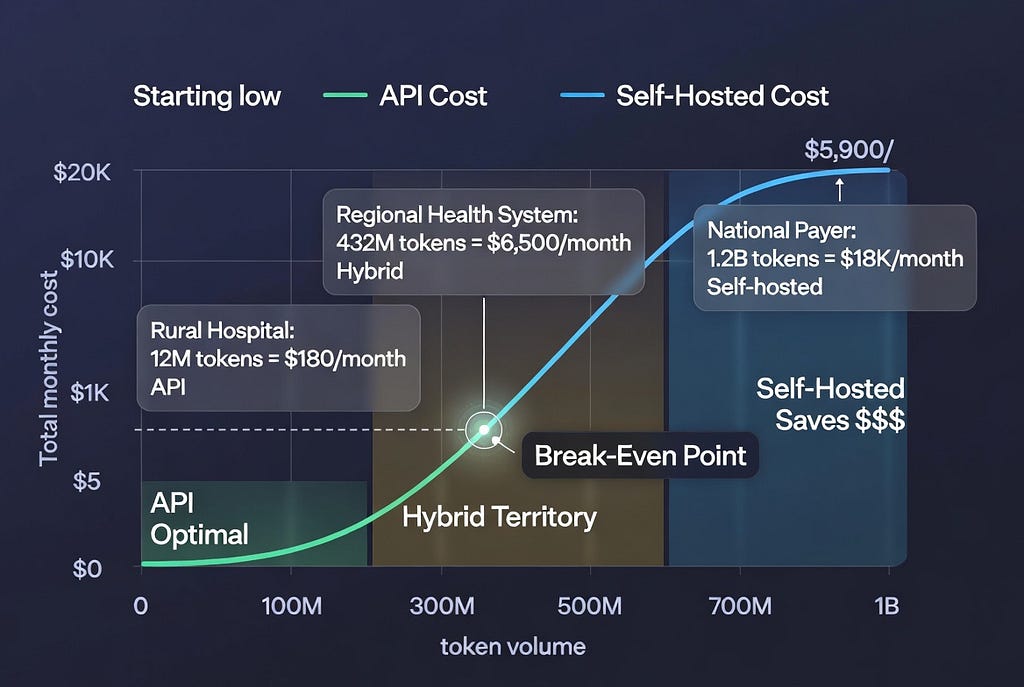 Cost analysis chart showing API pricing (rising curve) versus self-hosted fixed costs (horizontal line at $5,900/month) across monthly token volumes from 0 to 1 billion, with break-even point marked at 500M tokens and three optimization zones highlighted.