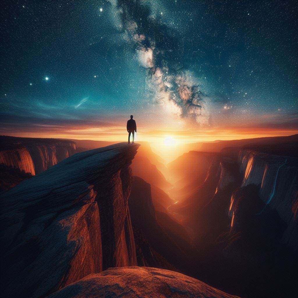 A solitary figure stands on the precipice of a vast canyon, enveloped in the quietude of dawn. As the sun rises, its golden rays illuminate the rugged terrain below, casting a warm glow over the landscape. Above, the remnants of the night sky fade into the light of day, with stars twinkling out of sight and the majestic Milky Way galaxy arching across the heavens. This moment captures the beauty of nature’s contrasts and the profound stillness that invites contemplation.