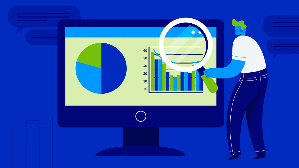 Ilustração de um computador mostrando gráficos de barra e de pizza. À direita, está um homem segurando uma lupa sobre um dos gráficos. A ilustração usa as cores azul, verde e branco.