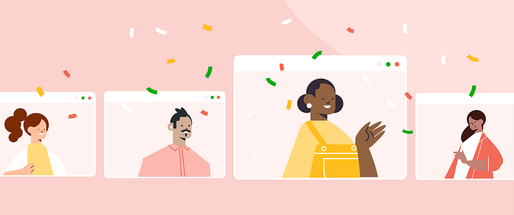 Illustration of four people of various races engaging in a video chat.