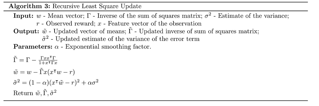 Description of the Recursive least square algorithm. Updating the Sum of Square matrix, and means.