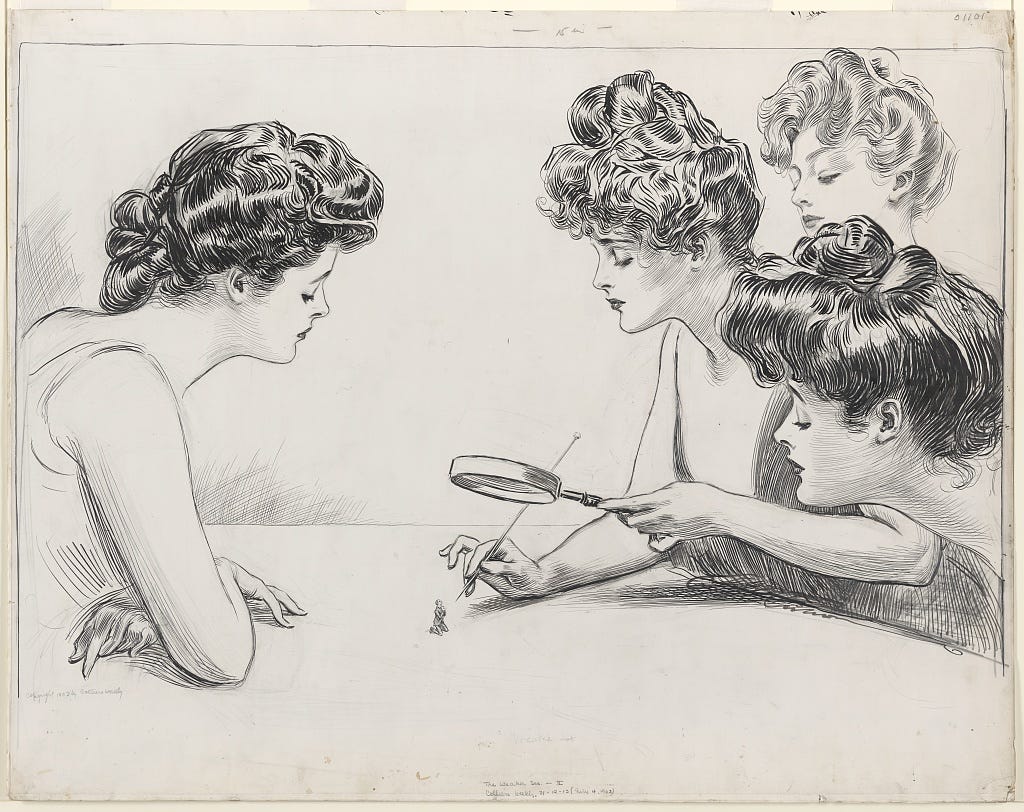 Gibson Girls examining a tiny male figure.