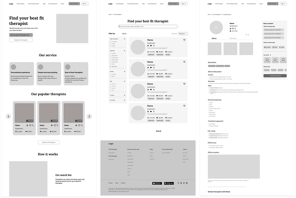 Desktop version of mid-fidelity screens of MindFit