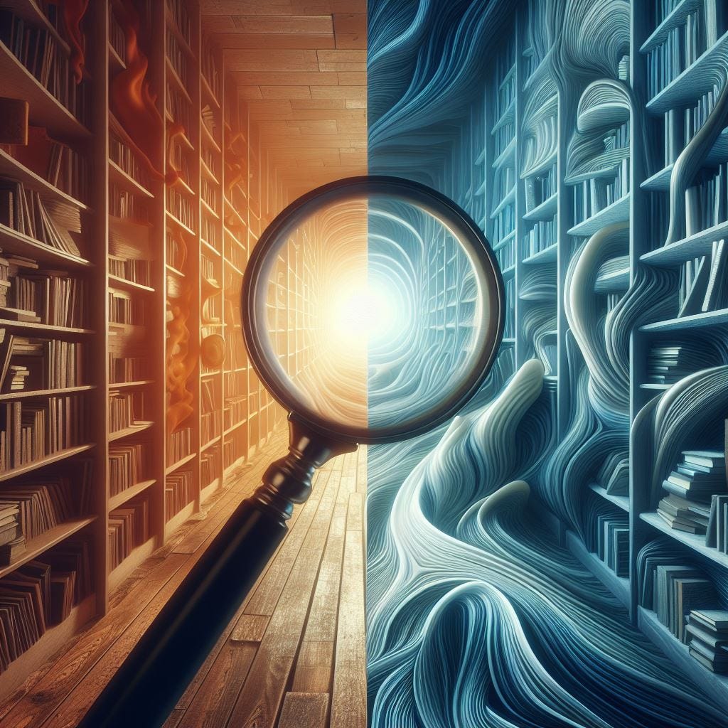 An image evoking a sense of the paranormal and alternate realities. Through the lens of a magnifying glass, the mundane reality of a library with wooden bookshelves is transformed into a surreal landscape where books and shelves morph into fluid, wavy forms. The stark contrast between the two halves of the image suggests a thin veil between our world and another, more mysterious one, where knowledge takes on an ethereal quality, hinting at the vast and unexplored frontiers of the supernatural.