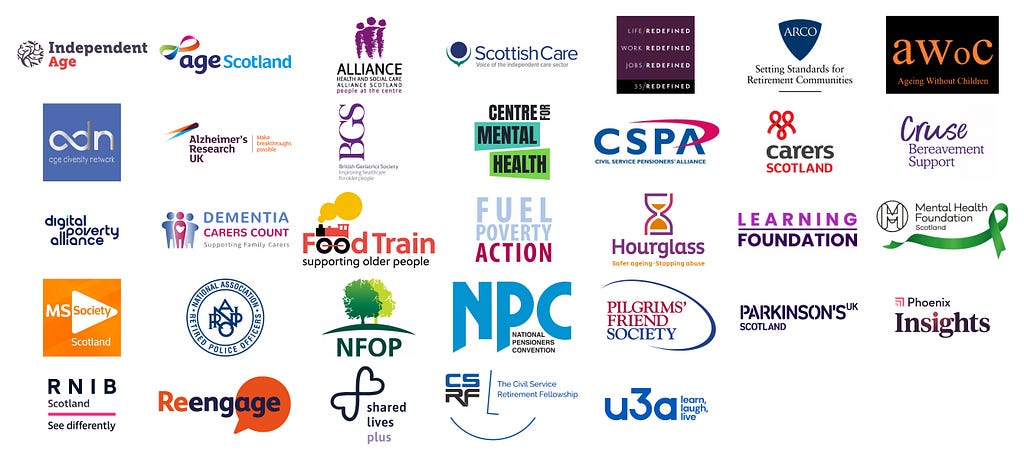 White graphic featuring the logos of dozens of different organisations and charities that support our call for an Older People’s Commissioner for Scotland.