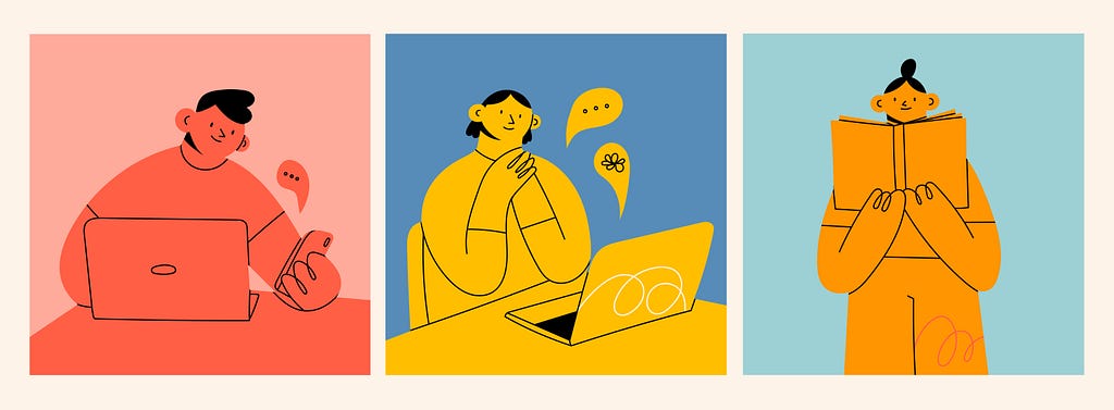 Three illustrations of people, one looking at a phone and computer, one on a computer, and one reading a book