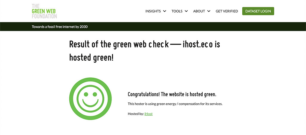 Result of the green web check on The Green Web Foundation for ihost.eco.