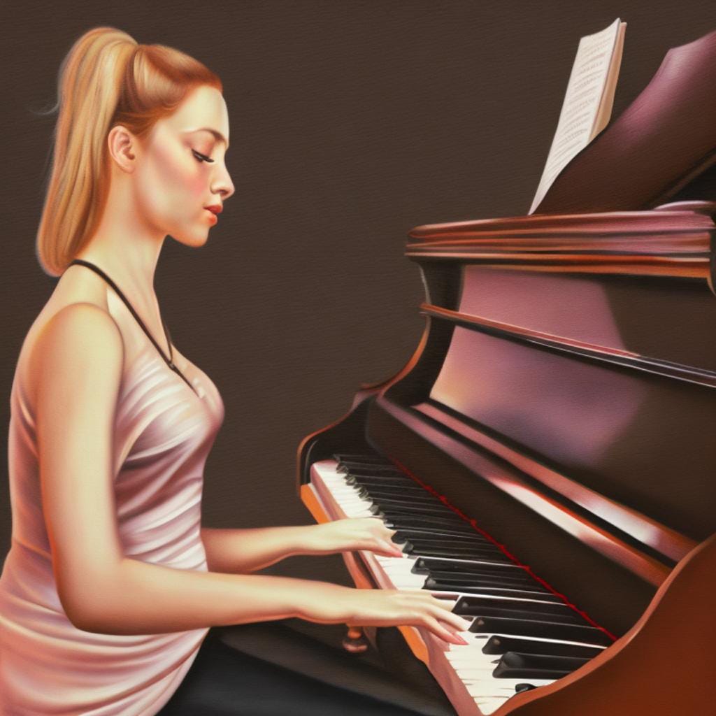 A digital oil painting of a young lady playing the piano.