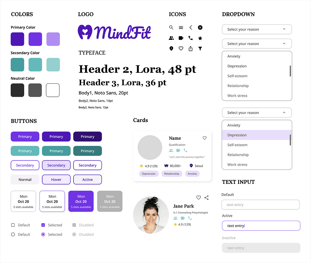 Design system that includes color used, logo, icons, buttons, cards, dropdown, and text input