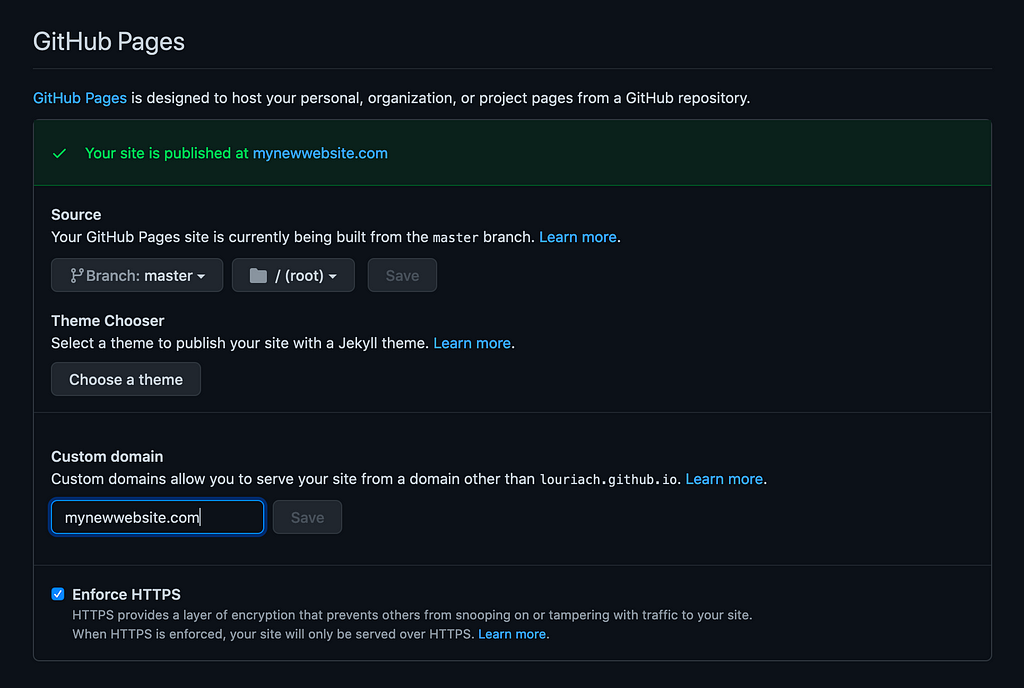 Github Pages settings completed