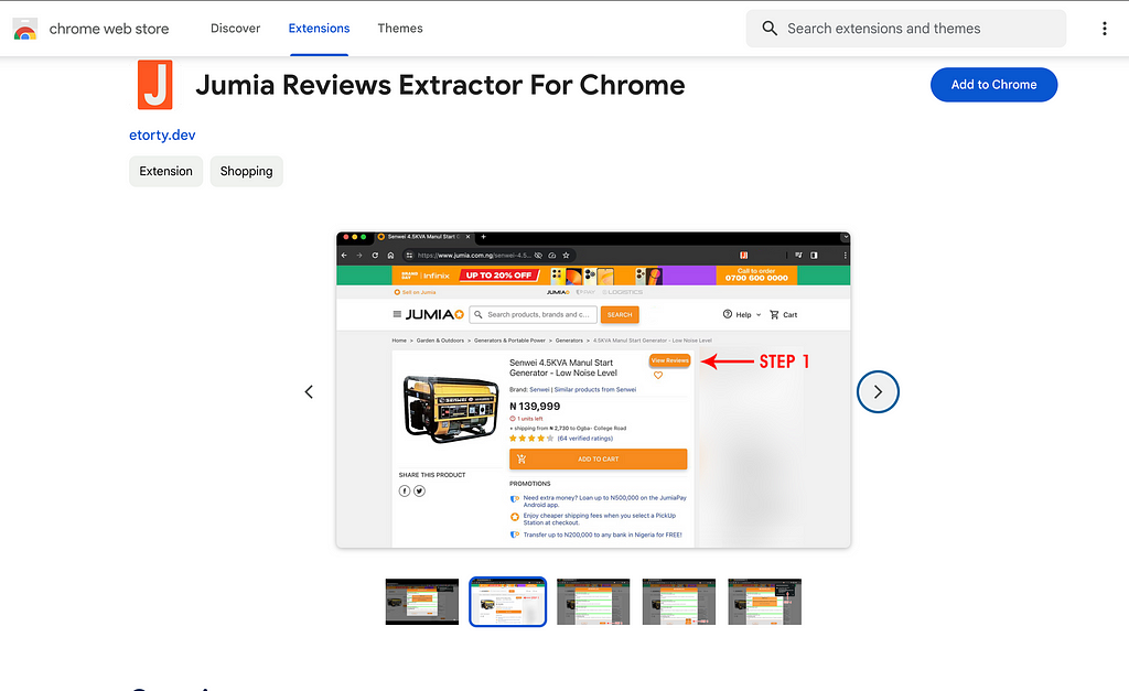 Jumia Review Extractor [JRex] displayed on the Chrome store.