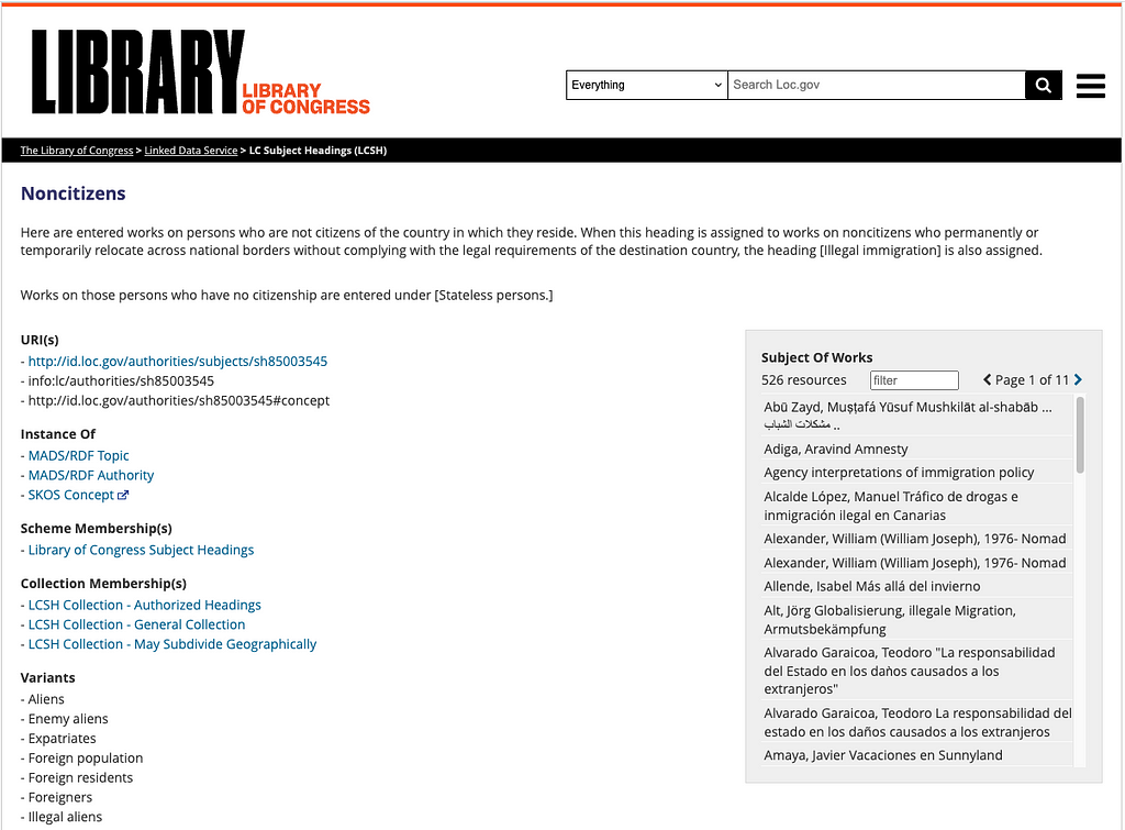 Screenshot of the Library of Congress Subject Headings webpage for the term “Noncitizens”.