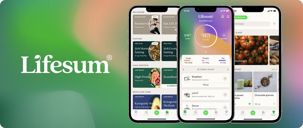 Promotional banner for the Lifesum app with the logo on the left and two iPhone mockups showing diet plan categories and a daily food diary with calorie tracking, macronutrient breakdowns, and meal logging.