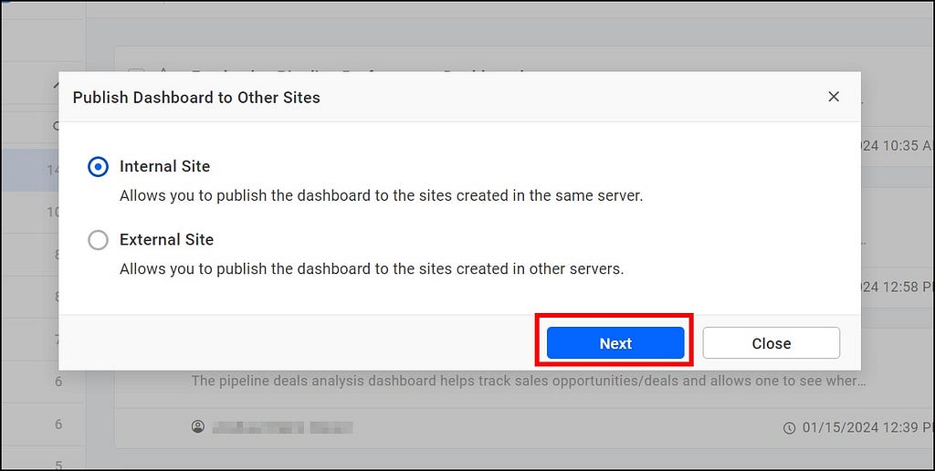 Publish Dashboard to Other Sites Dialog
