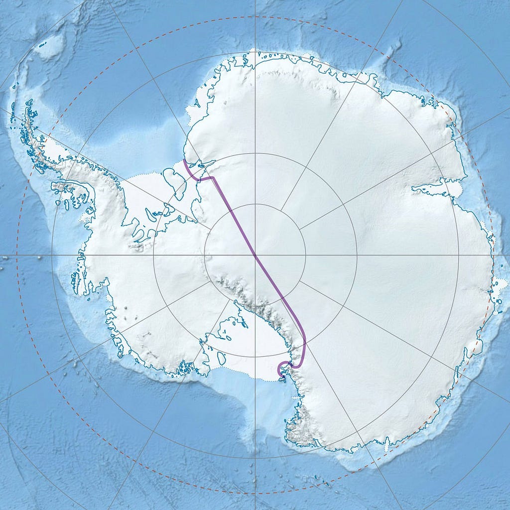 A map drawing on Antarctica showing the route of the Trans Antarctic expedition as a purple line across the white continent.