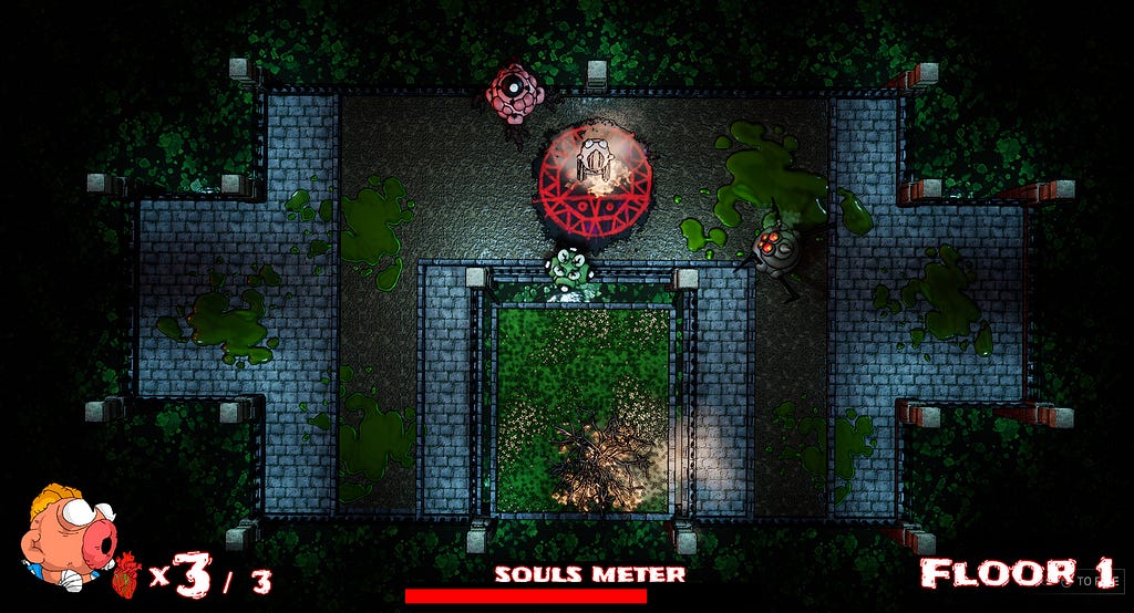 A top down view of a small flat area, covered with different coloured flagstones and paving. An occult symbol can be seen on the ground. A progress bar called “Souls Meter” can be seen on the screen as well as the caption “Floor 1” and a health display that reads 3/3.
