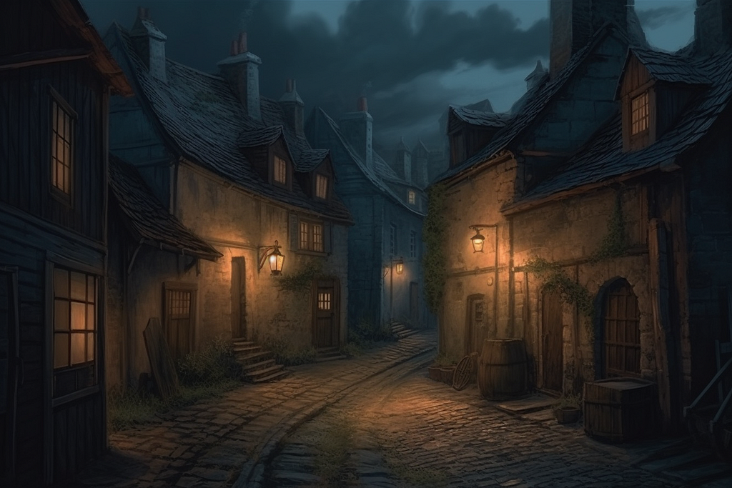 A narrow cobblestone street with stone buildings close by on both sides, lit by lanterns at night.