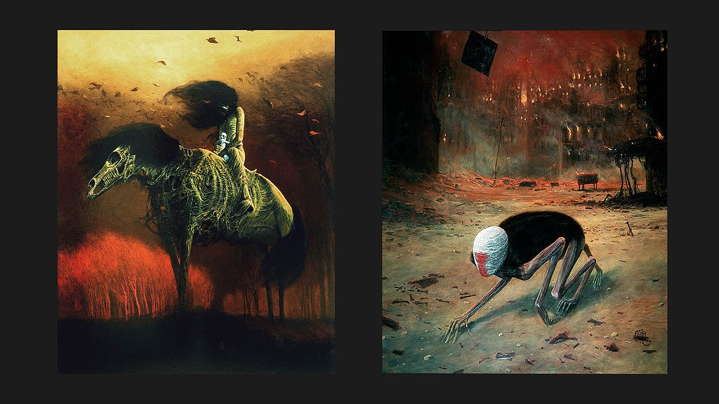 Two paintings by Zdzisław Beksiński. A surreal, dark painting titled Horsemen, depicting skeletal, ghostly riders on horseback moving through a desolate, apocalyptic landscape. A nightmarish figure with a bandaged head stands against a backdrop of burning buildings and a red, ominous glow.