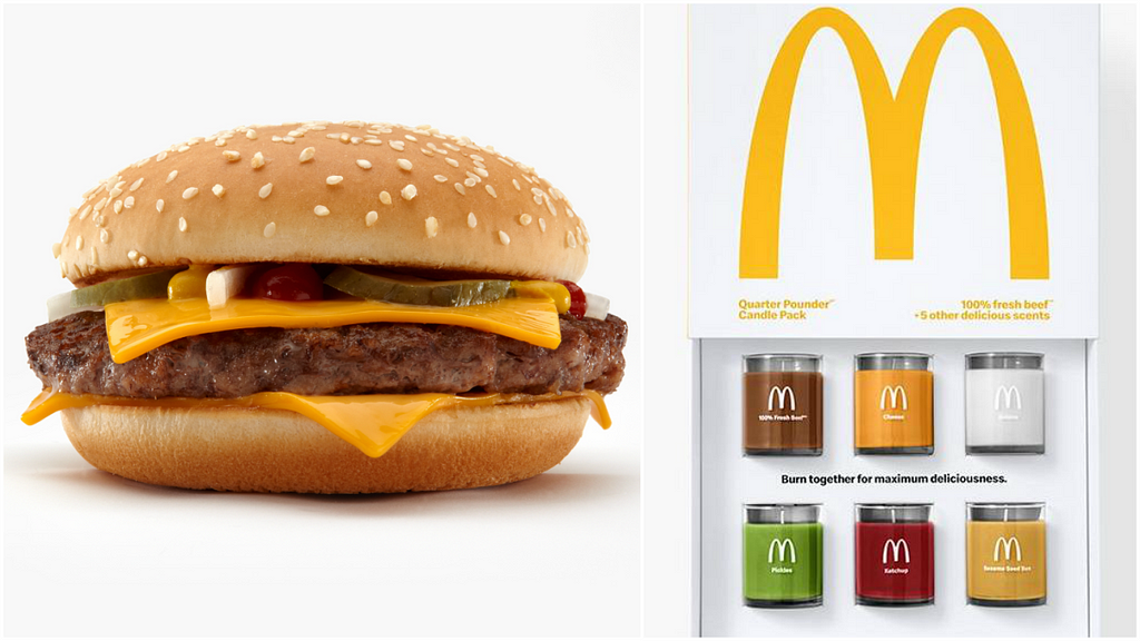 McDonald’s Quarter Pounder burger and six-pack candle set.